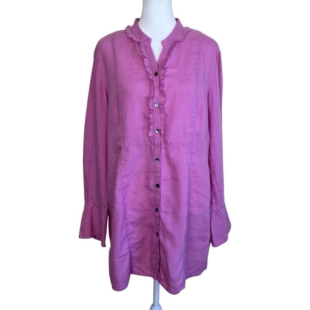 J. Jill 100% Linen Ruffled Button Front Tunic Shirt Dress Magnolia Pink Sz M